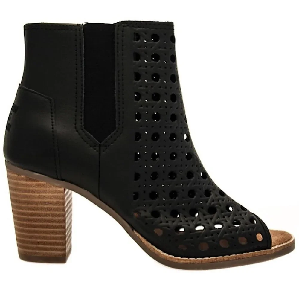 TOMS Majorca Peep Toe Bootie Basketweave Leather Women's 6.5 Black